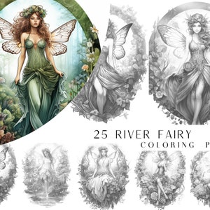 Pode incluir: Um conjunto de 25 páginas para colorir com uma fada com asas e flores. A fada está usando um vestido verde e tem cabelo castanho longo. As páginas são intituladas "25 páginas para colorir de fadas do rio".