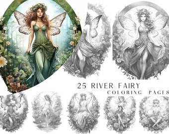 25 River Fairy Coloring Pages - Adult Coloring Book, Fantasy Coloring Sheets, Heavy Greyscale, Instant Download, Printable PDF File.