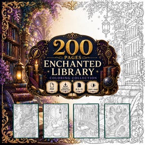 Pode incluir: Uma coleção de colorir digital intitulada 200 PAGES ENCHANTED LIBRARY com uma moldura escura ornamentada e texto dourado. A imagem mostra uma cena de biblioteca colorida à esquerda e uma versão em preto e branco à direita, com quatro pequenas amostras de páginas para colorir na parte inferior.