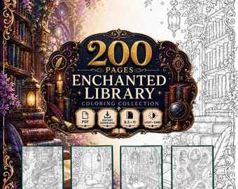 200 Enchanted Library Coloring Pages, Fantasy Book Scenes, Printable PDF (Light Dark Versions)