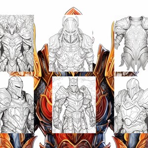 May include: A detailed line drawing of a knight in full armor, with intricate designs on the armor. The drawing is in black and white, with a red and gold background.