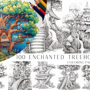 100 Enchanted Treehouse Coloring Book - Adult Coloring Pages, Grayscale Coloring Page, Instant Download, Printable PDF File