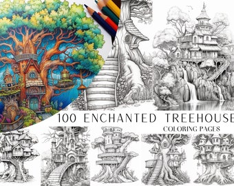100 Enchanted Treehouse Coloring Book - Adult Coloring Pages, Grayscale Coloring Page, Instant Download, Printable PDF File
