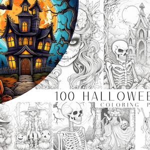 100 páginas para colorear con temática de Halloween: libro para colorear para niños y adultos, página para colorear en escala de grises, descarga instantánea, archivo PDF imprimible