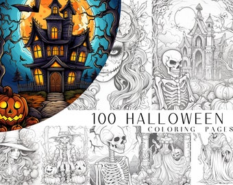 100 Halloween Theme Coloring Pages - Kids And Adult Coloring Book, Grayscale Coloring Page, Instant Download, Printable PDF File