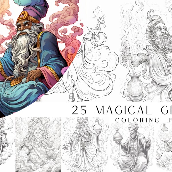 25 Magical Genie Coloring Pages - Adult And Kids Coloring Book, Fantasy Coloring Sheets, Instant Download, Printable PDF File.