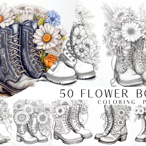 50 Flower Boot Coloring Pages - Adult And Kids Coloring Book, Coloring Sheets, Instant Download, Printable PDF File.