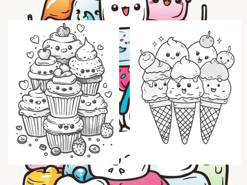 May include: Black and white line art illustration of cupcakes and ice cream cones with cute cartoon faces. The cupcakes are stacked on top of each other and the ice cream cones are arranged in a row.