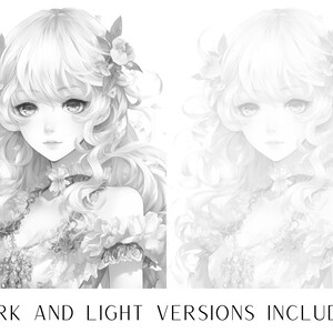 May include: A black and white digital illustration of a young woman with long, curly hair. She is wearing a floral dress and has a delicate floral crown in her hair.