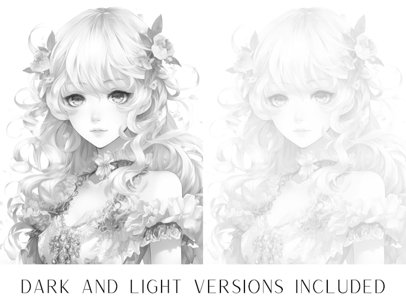 May include: A black and white digital illustration of a young woman with long, curly hair. She is wearing a floral dress and has a delicate floral crown in her hair.