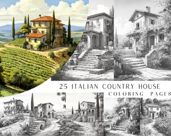 25 Italian Country House Coloring Pages - Adult And Kids Coloring Book, Realism Coloring Sheets, Instant Download, Printable PDF File.