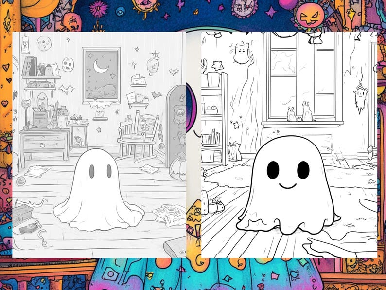 May include: A black and white illustration of two rooms with a ghost in each room. The rooms are decorated with Halloween-themed items, such as bats, stars, and pumpkins. The ghosts are smiling and have large eyes.