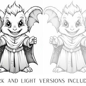 May include: A black and white line drawing of a cute, cartoon, winged creature wearing a robe. The creature has large ears, a mischievous grin, and is holding out its hands in a welcoming gesture.