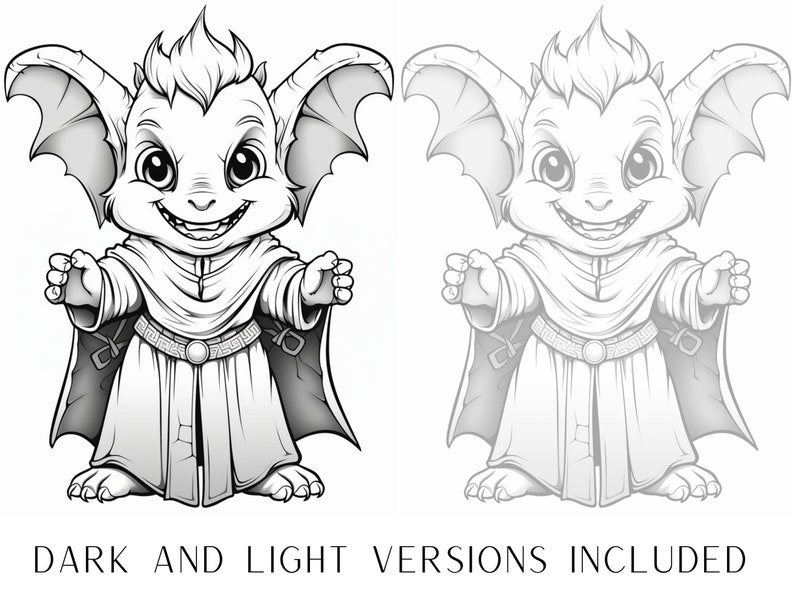 May include: A black and white line drawing of a cute, cartoon, winged creature wearing a robe. The creature has large ears, a mischievous grin, and is holding out its hands in a welcoming gesture.