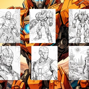 May include: A collection of six black and white line drawings of robots and futuristic scenes. The drawings are in a comic book style.