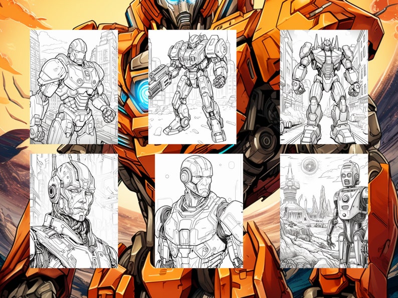 May include: A collection of six black and white line drawings of robots and futuristic scenes. The drawings are in a comic book style.