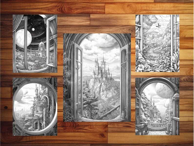 Pode incluir: Cinco ilustra&ccedil;&otilde;es em preto e branco de diferentes mundos de fantasia vistos atrav&eacute;s de janelas. Cada janela tem uma cena diferente, incluindo uma cidade com uma lua no c&eacute;u, um castelo em uma montanha, uma floresta, uma cidade com uma lua no c&eacute;u e uma cidade com uma lua no c&eacute;u.