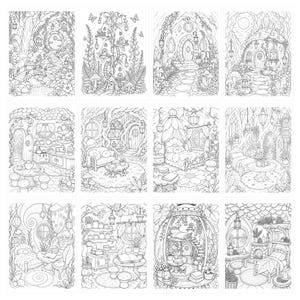 May include: A collection of twelve black and white line art illustrations featuring detailed fantasy dwellings, interior rooms, and natural landscapes with plants, trees, and lanterns, designed for coloring and creative artistic activities.