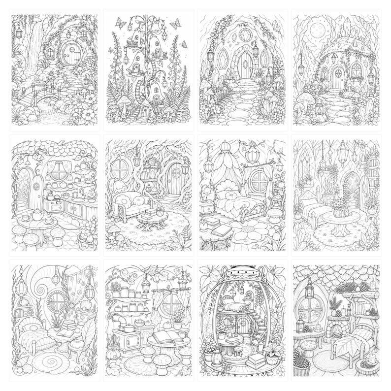 May include: A collection of twelve black and white line art illustrations featuring detailed fantasy dwellings, interior rooms, and natural landscapes with plants, trees, and lanterns, designed for coloring and creative artistic activities.