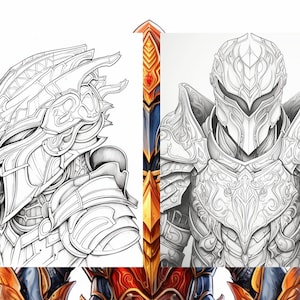 May include: A detailed line drawing of a knight in full armor, with intricate designs on the helmet and armor. The drawing is in black and white, with a hint of orange and blue in the background.