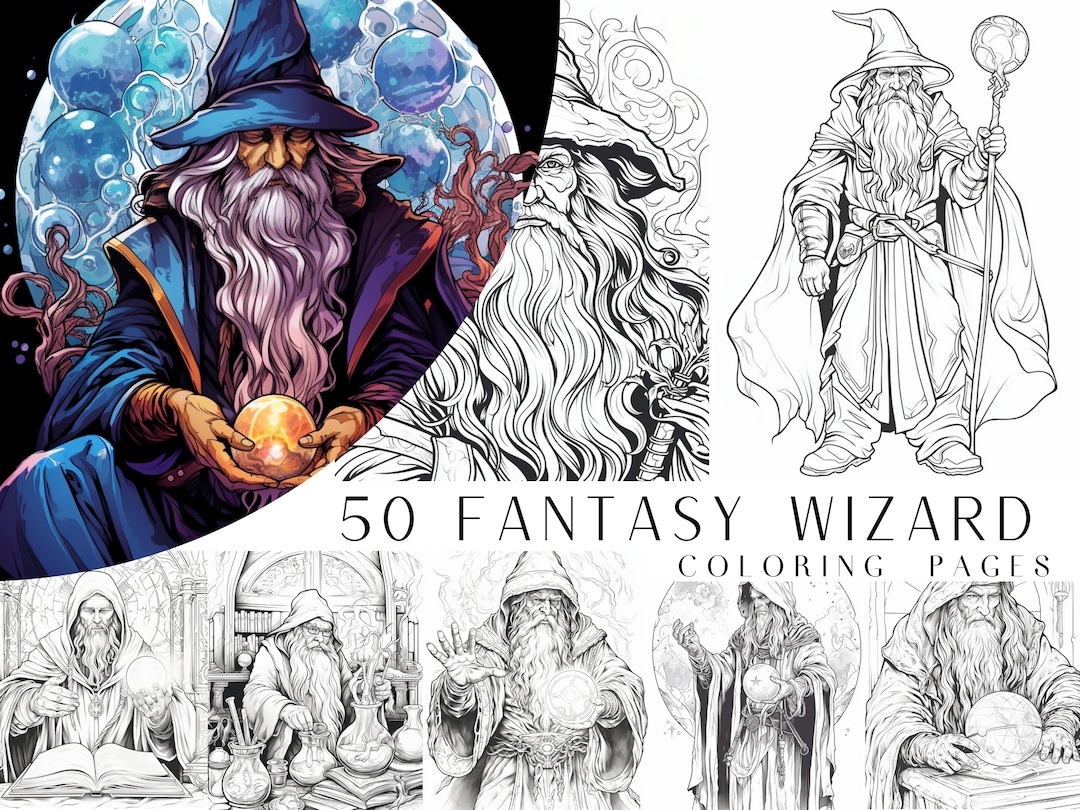 50 Fantasy Wizard Coloring Pages - Adult and Kids Coloring Book