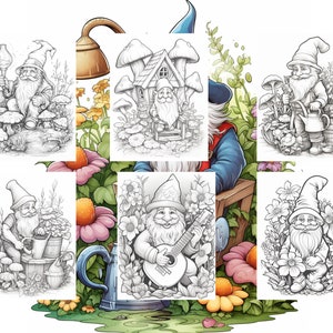 May include: A set of six black and white illustrations featuring gnomes in a garden setting. The gnomes are depicted in various activities, such as playing music, gardening, and sitting on mushrooms. The illustrations are surrounded by flowers and other garden elements.