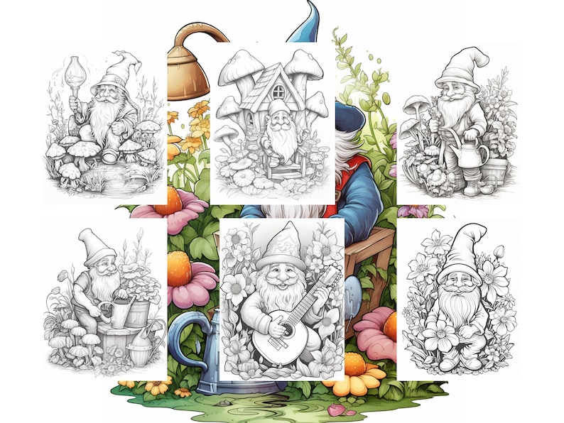 May include: A set of six black and white illustrations featuring gnomes in a garden setting. The gnomes are depicted in various activities, such as playing music, gardening, and sitting on mushrooms. The illustrations are surrounded by flowers and other garden elements.