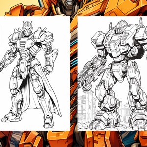 May include: Black and white line art illustration of two robots. One robot is holding a sword and the other is holding a gun.