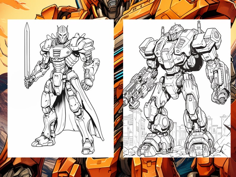 May include: Black and white line art illustration of two robots. One robot is holding a sword and the other is holding a gun.