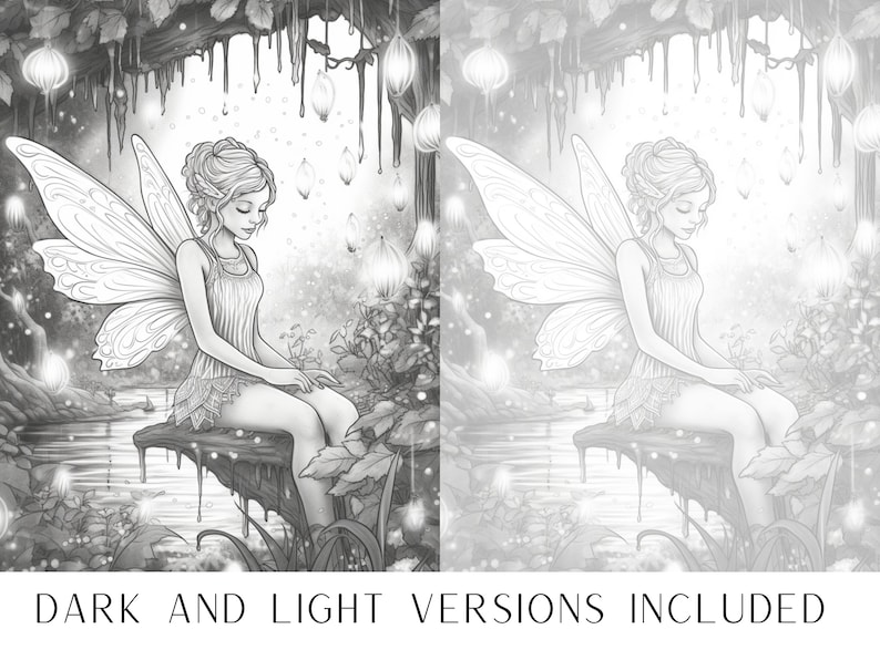 May include: A black and white illustration of a fairy sitting on a rock by a stream. The fairy has wings and is wearing a dress. The background is a forest with trees and flowers.