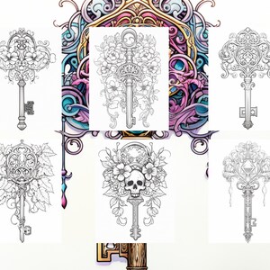 Puede incluir: Seis dise&ntilde;os de llaves ornamentadas diferentes, algunas con acentos florales, otras con calaveras y diamantes. Las llaves est&aacute;n dibujadas en tinta negra sobre un fondo blanco.