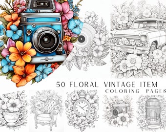 50 Floral Vintage Item Coloring Pages - Adults Coloring Book, Greyscale, Digital Coloring Sheets, Instant Download, Printable PDF File.