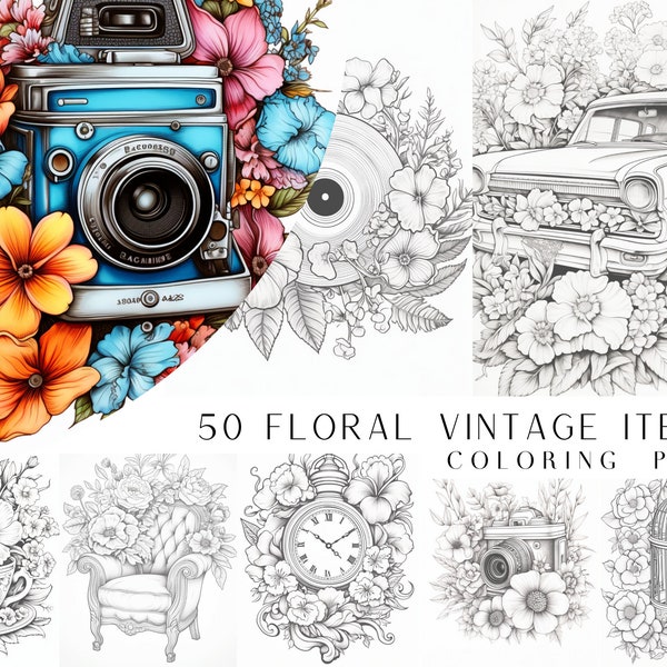 50 Floral Vintage Item Coloring Pages - Adults Coloring Book, Greyscale, Digital Coloring Sheets, Instant Download, Printable PDF File.