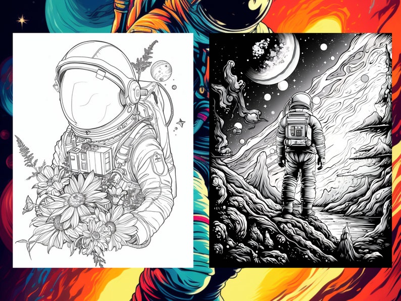 Pode incluir: Uma ilustra&ccedil;&atilde;o em preto e branco de um astronauta segurando um buqu&ecirc; de flores. O astronauta est&aacute; em p&eacute; em uma superf&iacute;cie rochosa com um planeta distante ao fundo.