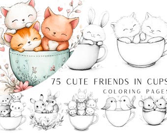 Op de afbeelding: 75 Schattige Vriendjes in Bekers Kleurplaten. Een set kleurplaten met schattige dieren in theekopjes. De dieren omvatten katten, konijnen, vogels en muizen. De pagina's zijn zwart-wit en klaar om in te kleuren.