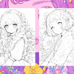 Puede incluir: Dos dibujos en blanco y negro de chicas de anime con flores en el pelo. Las chicas llevan vestidos y est&aacute;n rodeadas de flores.