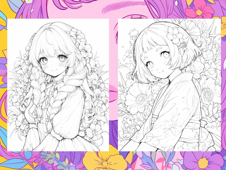 Puede incluir: Dos dibujos en blanco y negro de chicas de anime con flores en el pelo. Las chicas llevan vestidos y est&aacute;n rodeadas de flores.