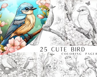 25 Cute Bird Coloring Pages - Adults And Kids Coloring Book, Digital Coloring Sheets, Instant Download, Printable PDF File.