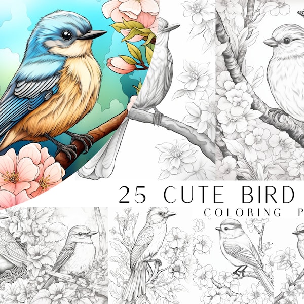 25 Cute Bird Coloring Pages - Adults And Kids Coloring Book, Digital Coloring Sheets, Instant Download, Printable PDF File.