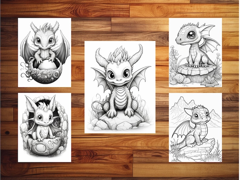 May include: Set of five black and white coloring pages featuring cute baby dragons in various poses. Each dragon is depicted with large eyes, wings, and a whimsical expression. The pages are perfect for coloring enthusiasts of all ages.