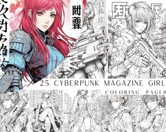 25 Cyberpunk Magazine Girl Coloring Pages - Adult Coloring Book, Grayscale Sci-Fi Fantasy, Instant Download, Printable PDF File