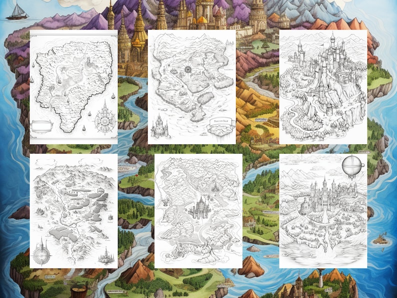 May include: A black and white illustration of a fantasy map with multiple islands and cities. The map is divided into six sections, each showing a different part of the world. The map is drawn in a detailed style, with many intricate details.