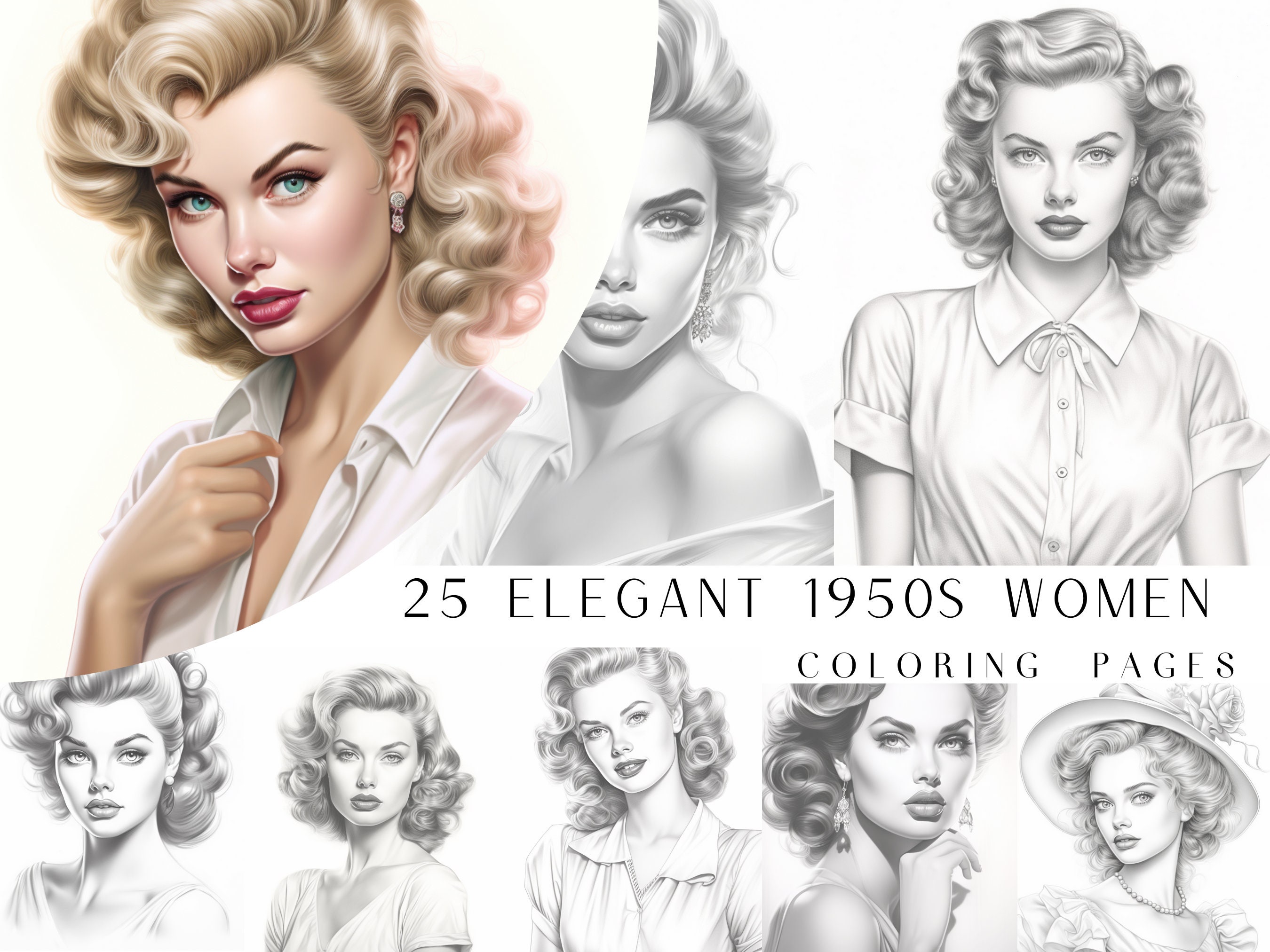 25 Elegant 1950s Women Coloring Pages - Adult Coloring Pages, Grayscale Coloring Page, Instant Download, Printable PDF File