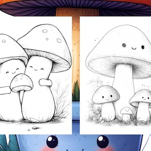 May include: A black and white line drawing of a group of mushrooms with smiling faces. The mushrooms are drawn in a cartoon style and are hugging each other. The drawing is on a white background.