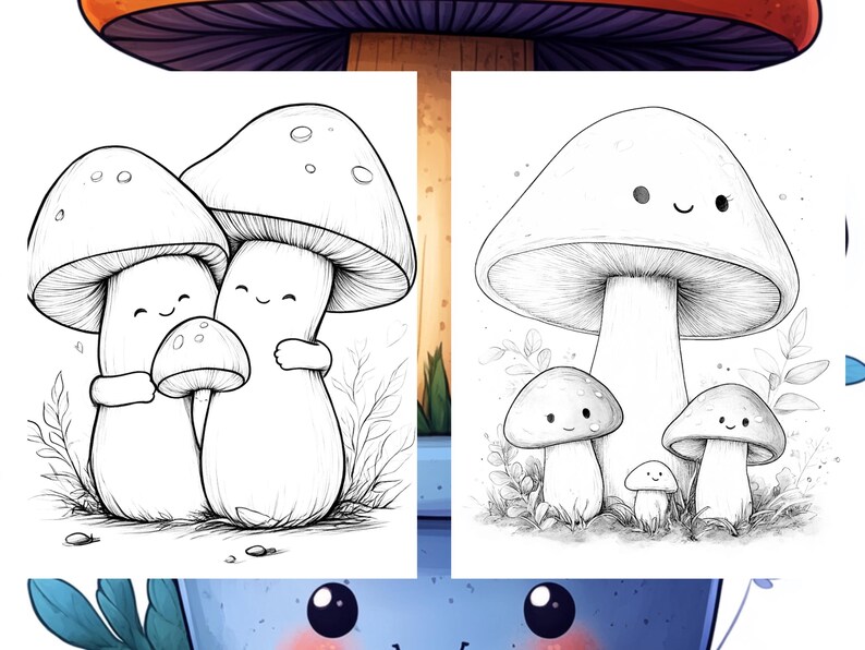 May include: A black and white line drawing of a group of mushrooms with smiling faces. The mushrooms are drawn in a cartoon style and are hugging each other. The drawing is on a white background.
