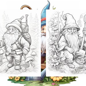 May include: A black and white line drawing of two gnomes. One gnome is carrying a backpack and a walking stick. The other gnome is sitting on a rock holding a staff with a sphere on top.