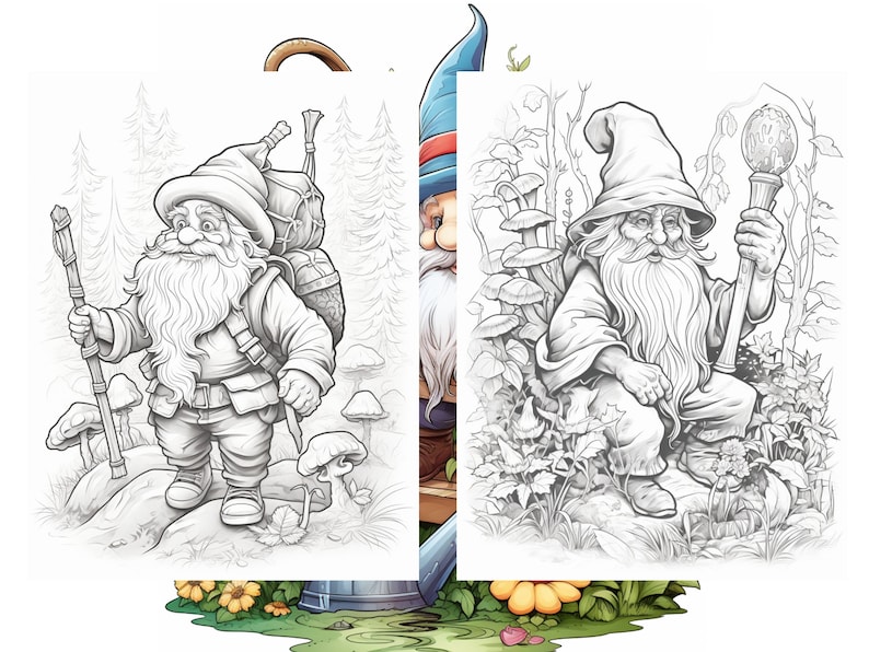 May include: A black and white line drawing of two gnomes. One gnome is carrying a backpack and a walking stick. The other gnome is sitting on a rock holding a staff with a sphere on top.