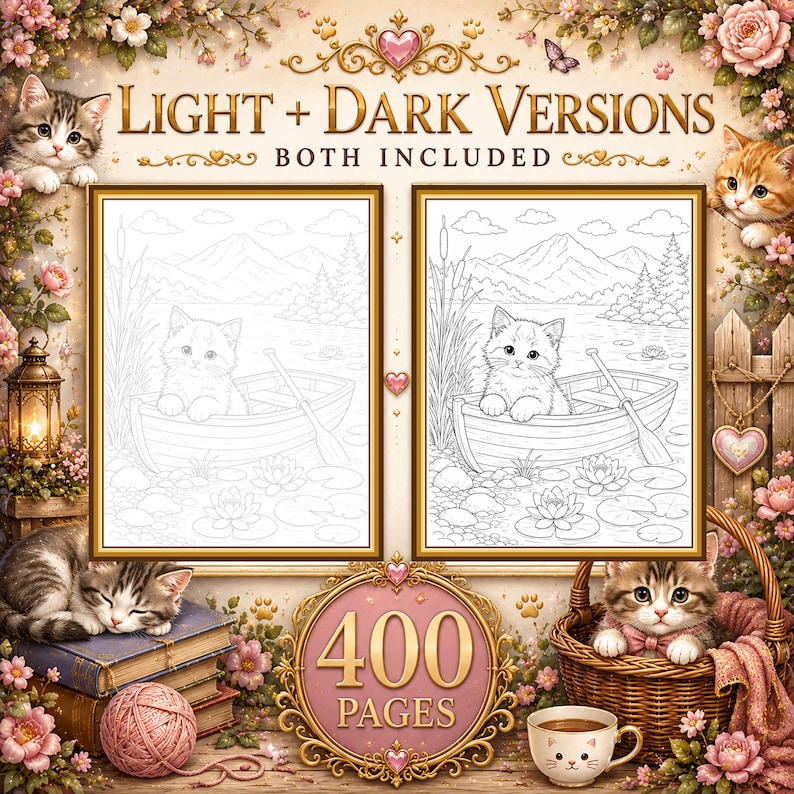 May include: A digital coloring book set featuring 400 pages with light and dark versions of a kitten in a rowboat on a lake. The cover displays the text LIGHT + DARK VERSIONS BOTH INCLUDED and 400 PAGES, surrounded by floral accents, kittens, a lantern, books, a yarn ball, and a basket.
