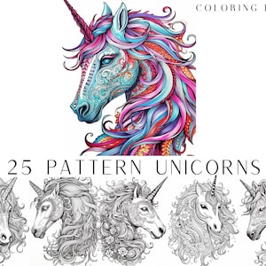 25 Patterned Unicorn Coloring Pages - Adult And Kids Coloring Book, Fantasy Coloring Sheets, Instant Download, Printable PDF File.