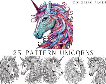 25 Patterned Unicorn Coloring Pages - Adult And Kids Coloring Book, Fantasy Coloring Sheets, Instant Download, Printable PDF File.